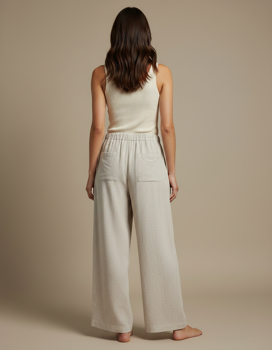 Pantalon Fluide Beige Large Lin Décontracté Femme - vue 2