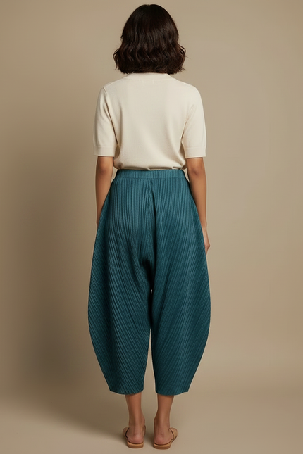 Pantalon Fluide Plissé Ample Vert Canard Décontracté - Polyester - vue 2
