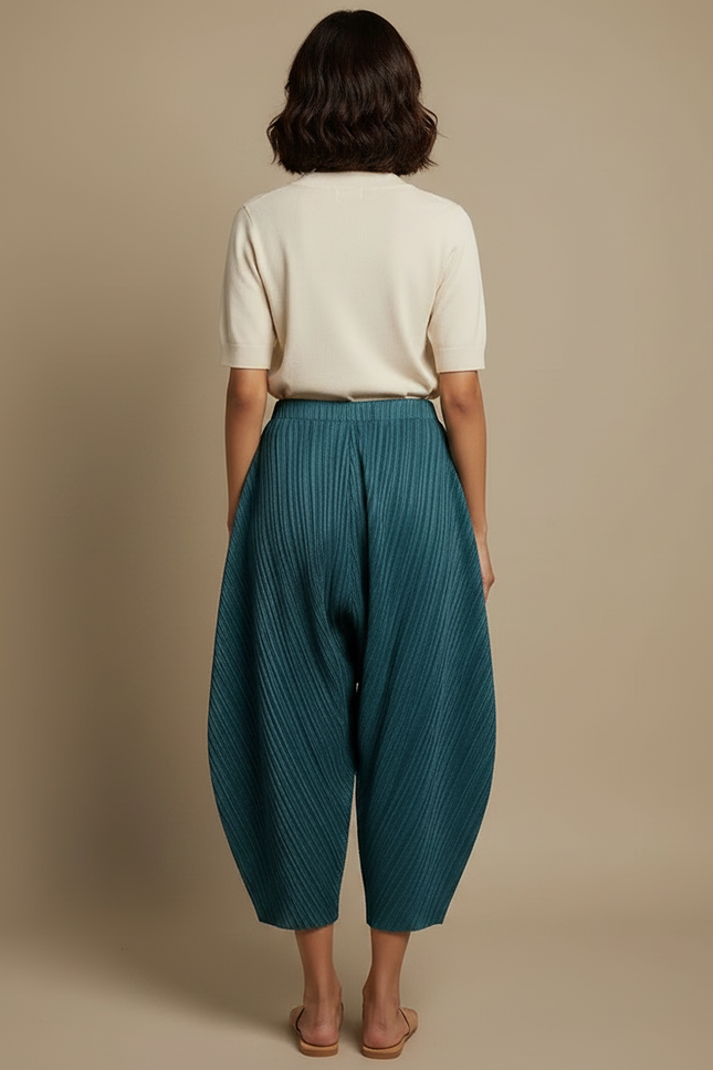 Pantalon Fluide Plissé Ample Vert Canard Décontracté - Polyester - vue 2