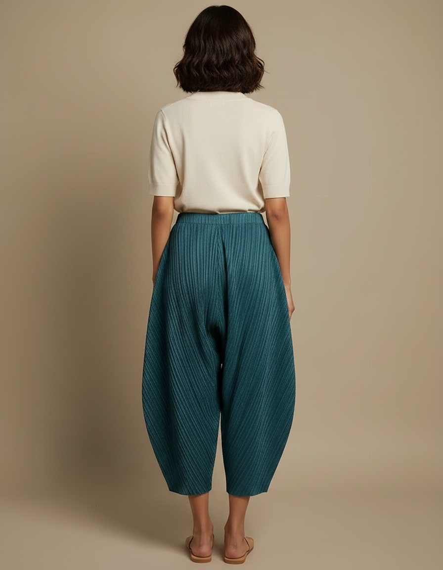 Pantalon Fluide Plissé Ample Vert Canard Décontracté - Polyester - vue 2