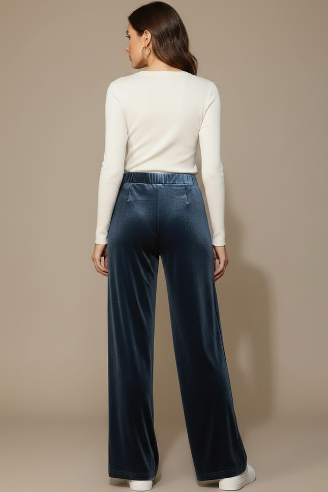 Pantalon Fluide Velours Bleu Ample Décontracté Femme - vue 2