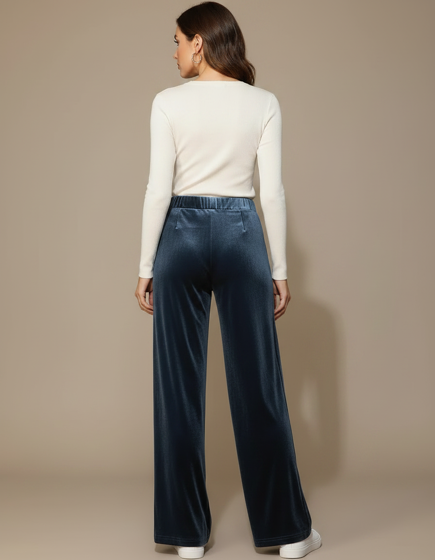 Pantalon Fluide Velours Bleu Ample Décontracté Femme - vue 2