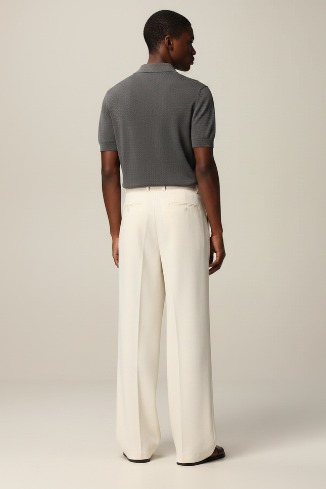 Pantalon Fluide Beige Large Décontracté Plissé Homme - Laine - vue 2