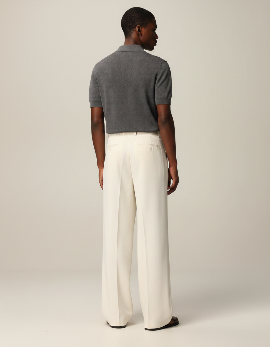 Pantalon Fluide Beige Large Décontracté Plissé Homme - Laine - vue 2