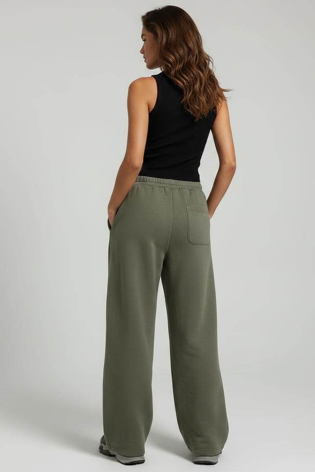 Pantalon Fluide Vert Ample Taille Haute Décontracté - Kaki Molleton - vue 2