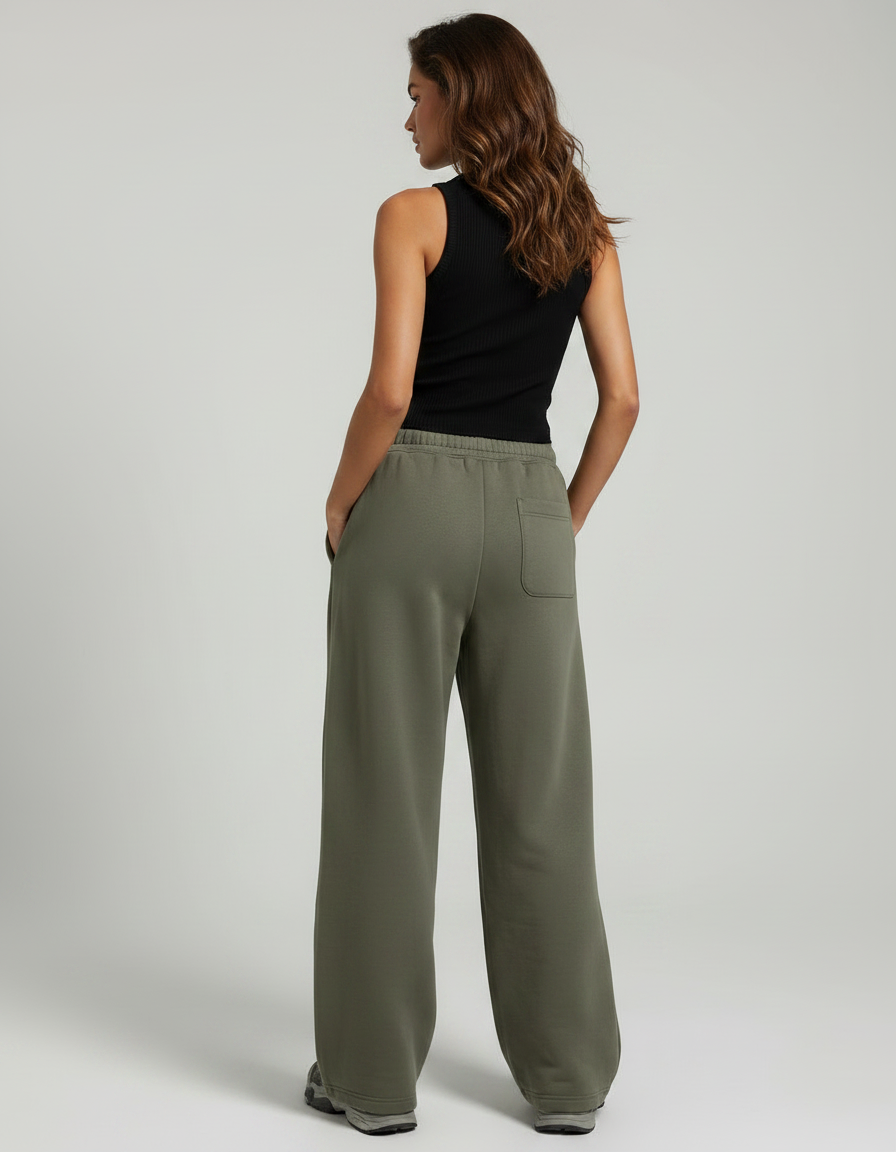 Pantalon Fluide Vert Ample Taille Haute Décontracté - Kaki Molleton - vue 2