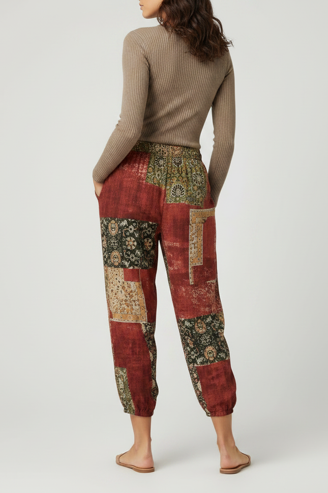Pantalon Fluide Patchwork Bohème Imprimé Ethnique Ample Femme - Multicolore Viscose - vue 2
