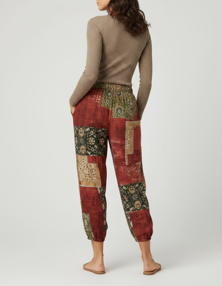 Pantalon Fluide Patchwork Bohème Imprimé Ethnique Ample Femme - Multicolore Viscose - vue 2