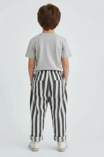 Pantalon Fluide Rayé Noir Blanc Lin Ample Enfant - Imprimé - vue 2