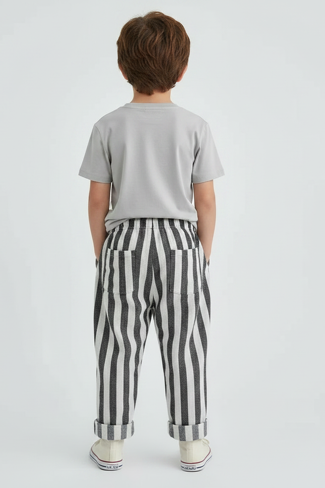 Pantalon Fluide Rayé Noir Blanc Lin Ample Enfant - Imprimé - vue 2