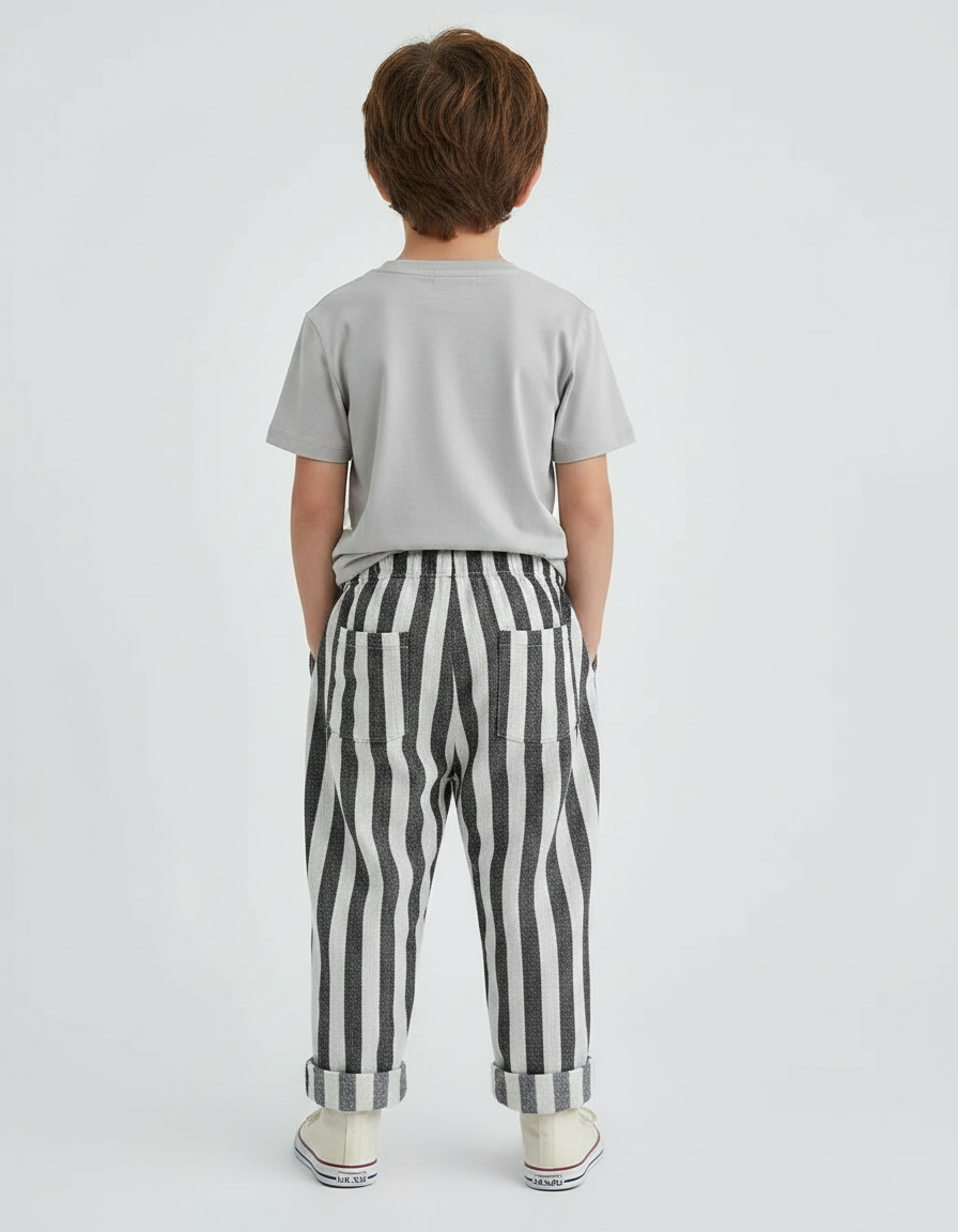 Pantalon Fluide Rayé Noir Blanc Lin Ample Enfant - Imprimé - vue 2