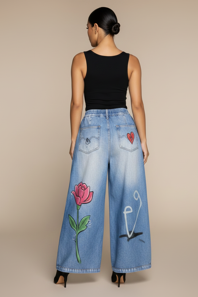 Pantalon Fluide Denim Imprimé Graffiti Ample Décontracté - Bleu Jean - vue 2