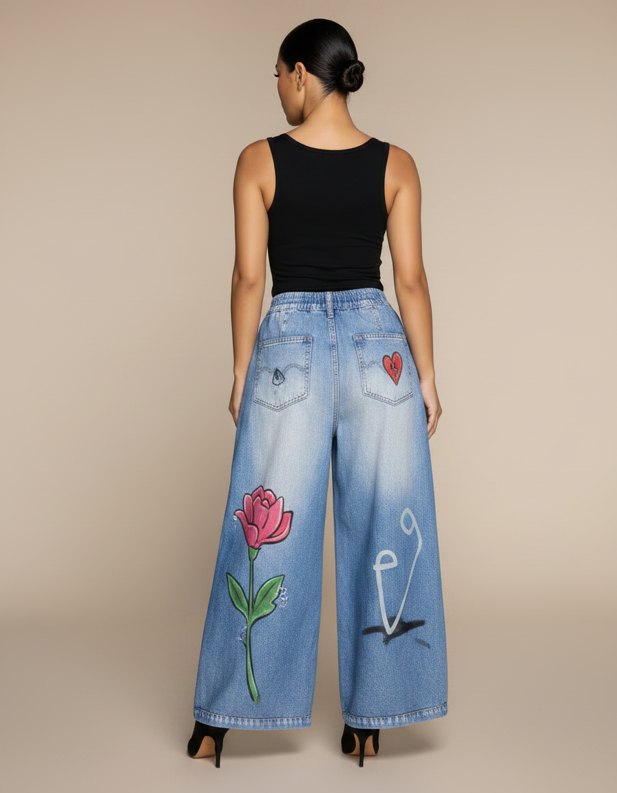 Pantalon Fluide Denim Imprimé Graffiti Ample Décontracté - Bleu Jean - vue 2