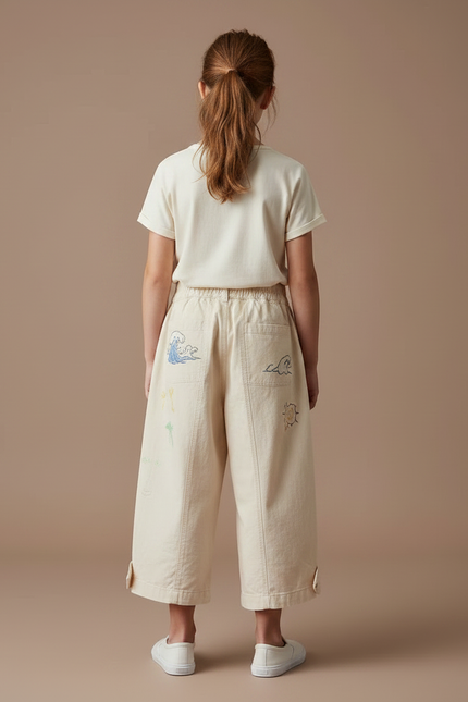 Pantalon Fluide Écru Coton Ample Imprimé Enfant - Beige - vue 2