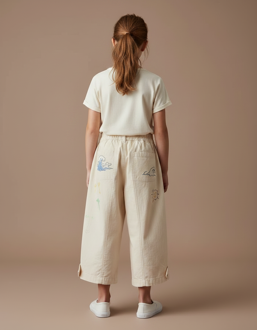 Pantalon Fluide Écru Coton Ample Imprimé Enfant - Beige - vue 2