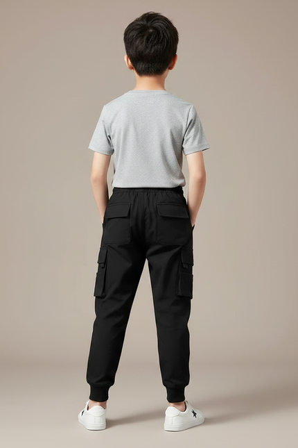 Pantalon Fluide Noir Cargo Multi-Poches Garçon - Polyester - vue 2