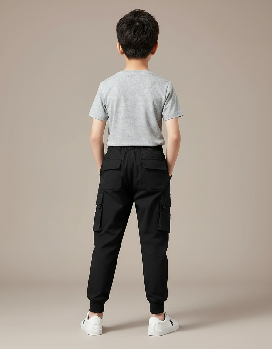Pantalon Fluide Noir Cargo Multi-Poches Garçon - Polyester - vue 2