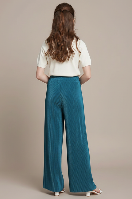 Pantalon Fluide Plissé Ample Taille Haute Bleu - Polyester - vue 2