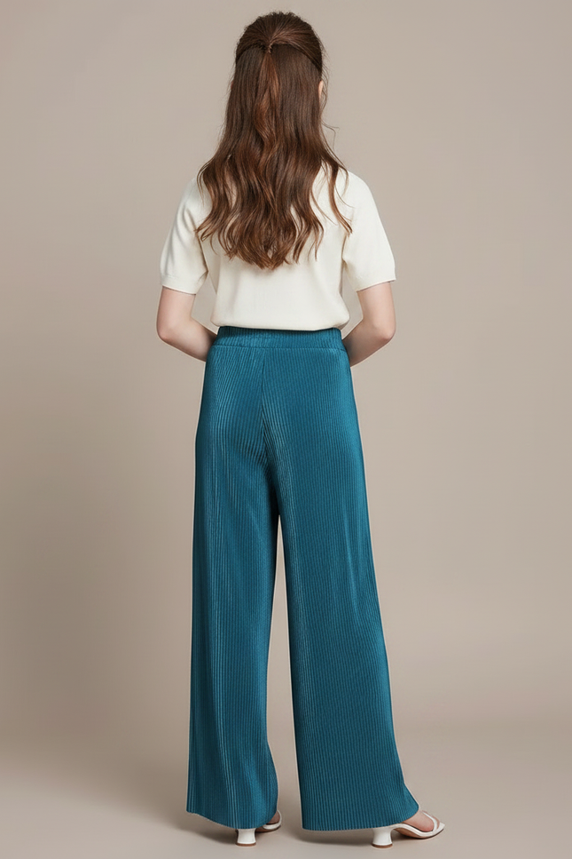 Pantalon Fluide Plissé Ample Taille Haute Bleu - Polyester - vue 2