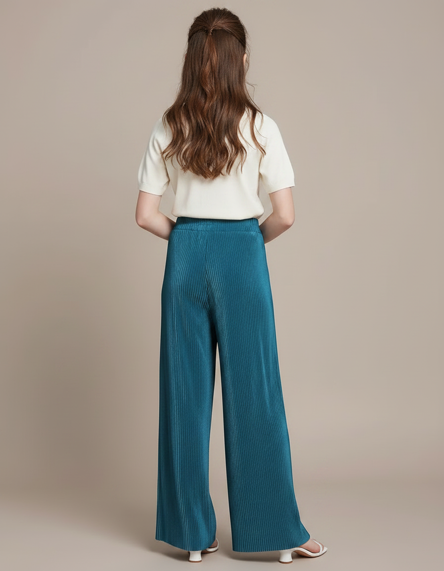 Pantalon Fluide Plissé Ample Taille Haute Bleu - Polyester - vue 2