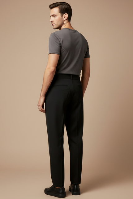 Pantalon Fluide Noir Plissé Taille Haute Élégant Homme - Polyester - vue 2