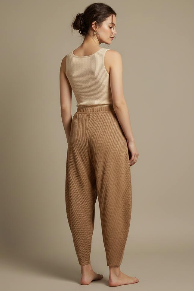 Pantalon Fluide Plissé Marron Ample Confortable Décontracté - Maille - vue 2