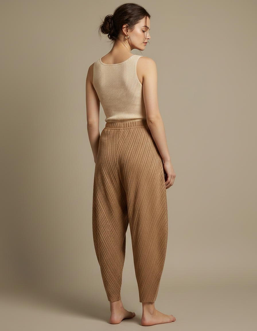 Pantalon Fluide Plissé Marron Ample Confortable Décontracté - Maille - vue 2