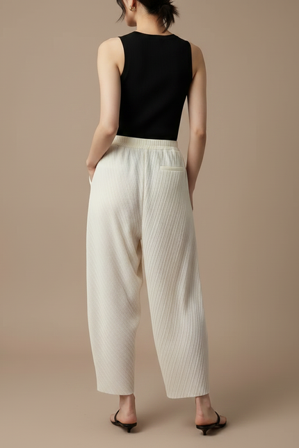 Pantalon Fluide Écru Plissé Ample Décontracté Confortable - Beige Polyester - vue 2