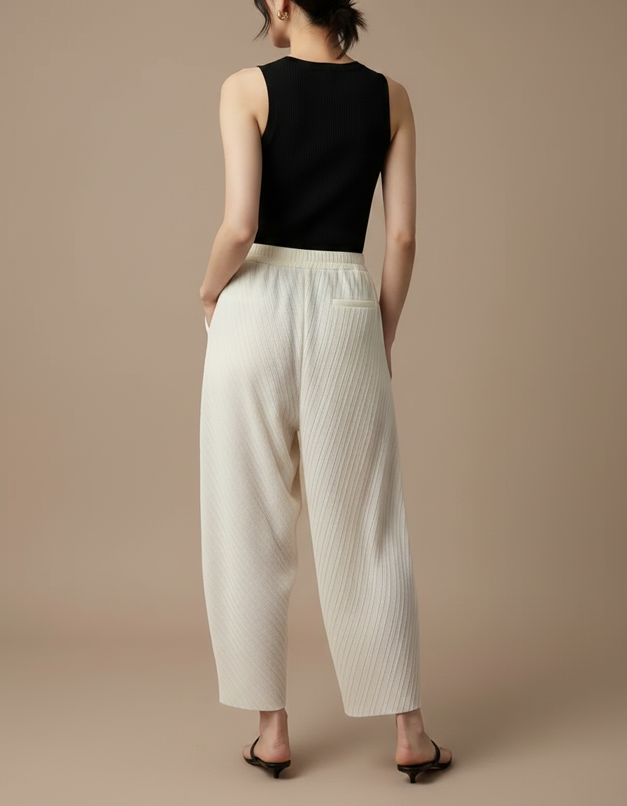 Pantalon Fluide Écru Plissé Ample Décontracté Confortable - Beige Polyester - vue 2