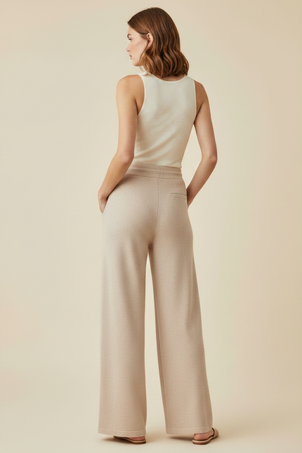 Pantalon Fluide Beige Large Tricot Cordon Confortable - Maille - vue 2
