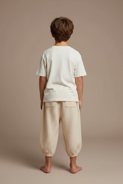 Pantalon Fluide Écru Ample Coton Gaufré Enfant - Beige - vue 2