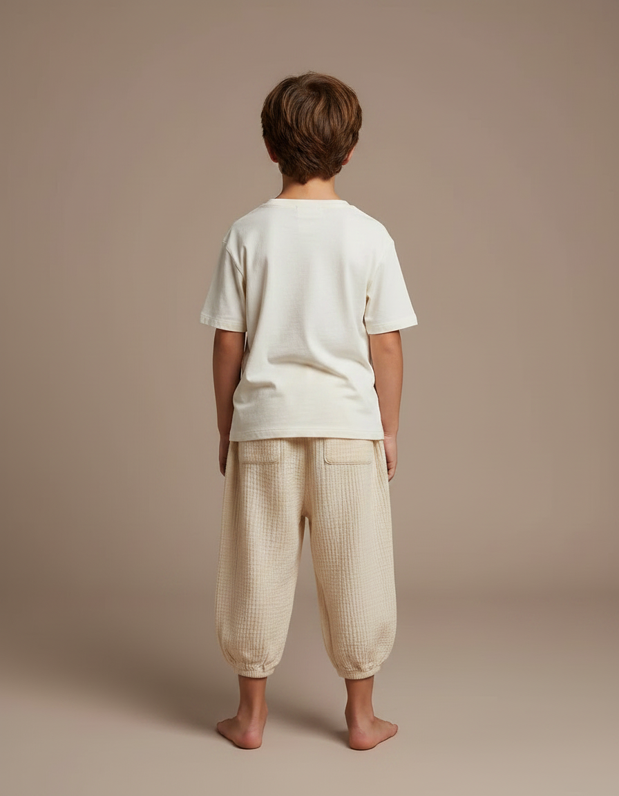 Pantalon Fluide Écru Ample Coton Gaufré Enfant - Beige - vue 2