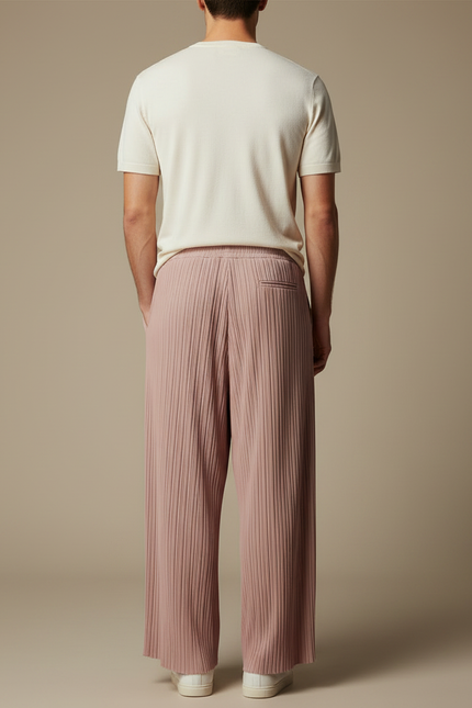 Pantalon Fluide Rose Plissé Ample Décontracté Homme - Polyester - vue 2
