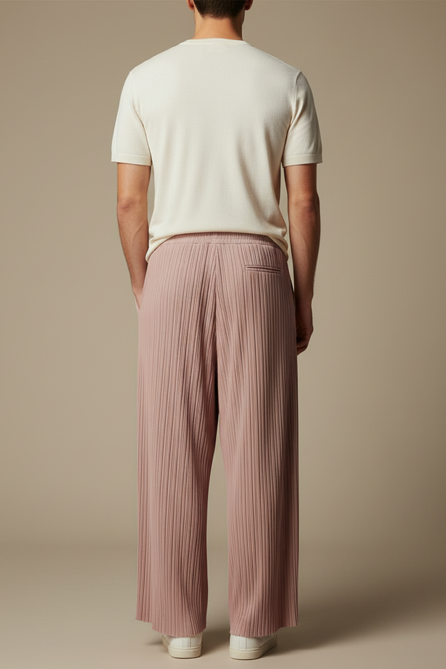 Pantalon Fluide Rose Plissé Ample Décontracté Homme - Polyester - vue 2