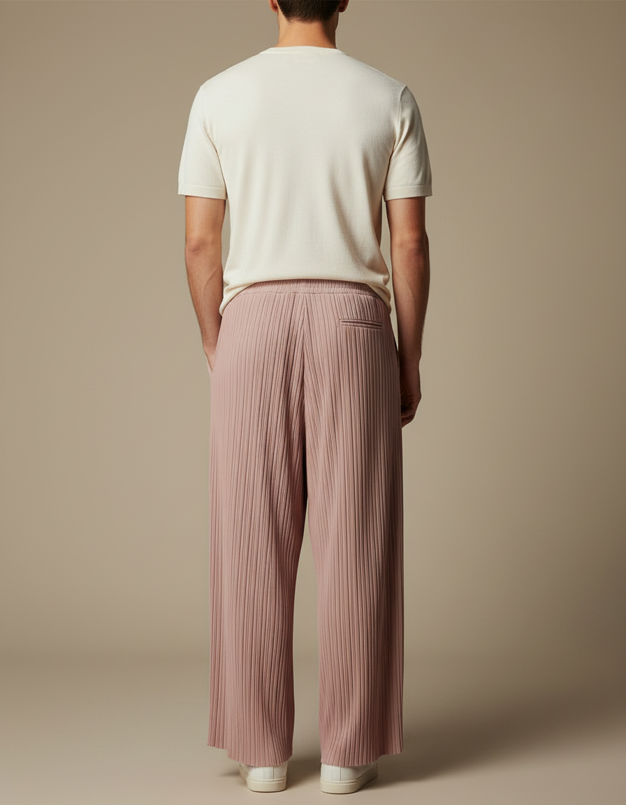 Pantalon Fluide Rose Plissé Ample Décontracté Homme - Polyester - vue 2