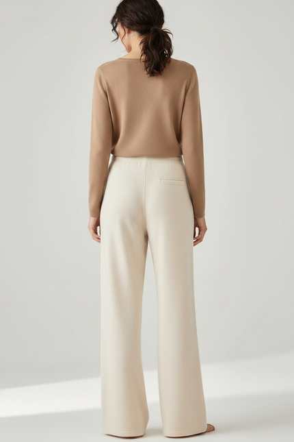 Pantalon Fluide Écru Maille Ample Cordon Décontracté - Beige Molleton - vue 2