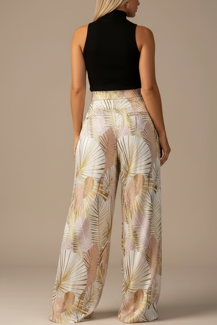 Pantalon Fluide Imprimé Palmiers Dorés Rose Ample Élégant - Viscose - vue 2