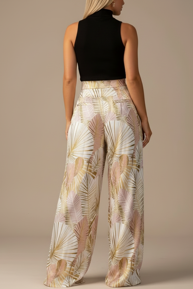 Pantalon Fluide Imprimé Palmiers Dorés Rose Ample Élégant - Viscose - vue 2