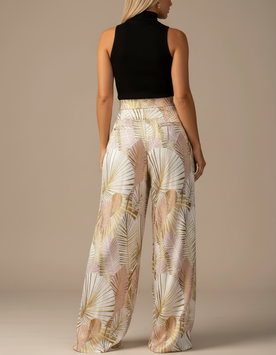 Pantalon Fluide Imprimé Palmiers Dorés Rose Ample Élégant - Viscose - vue 2