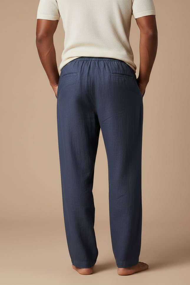 Pantalon Fluide Bleu Marine Coton Lin Ample Cordon - vue 2