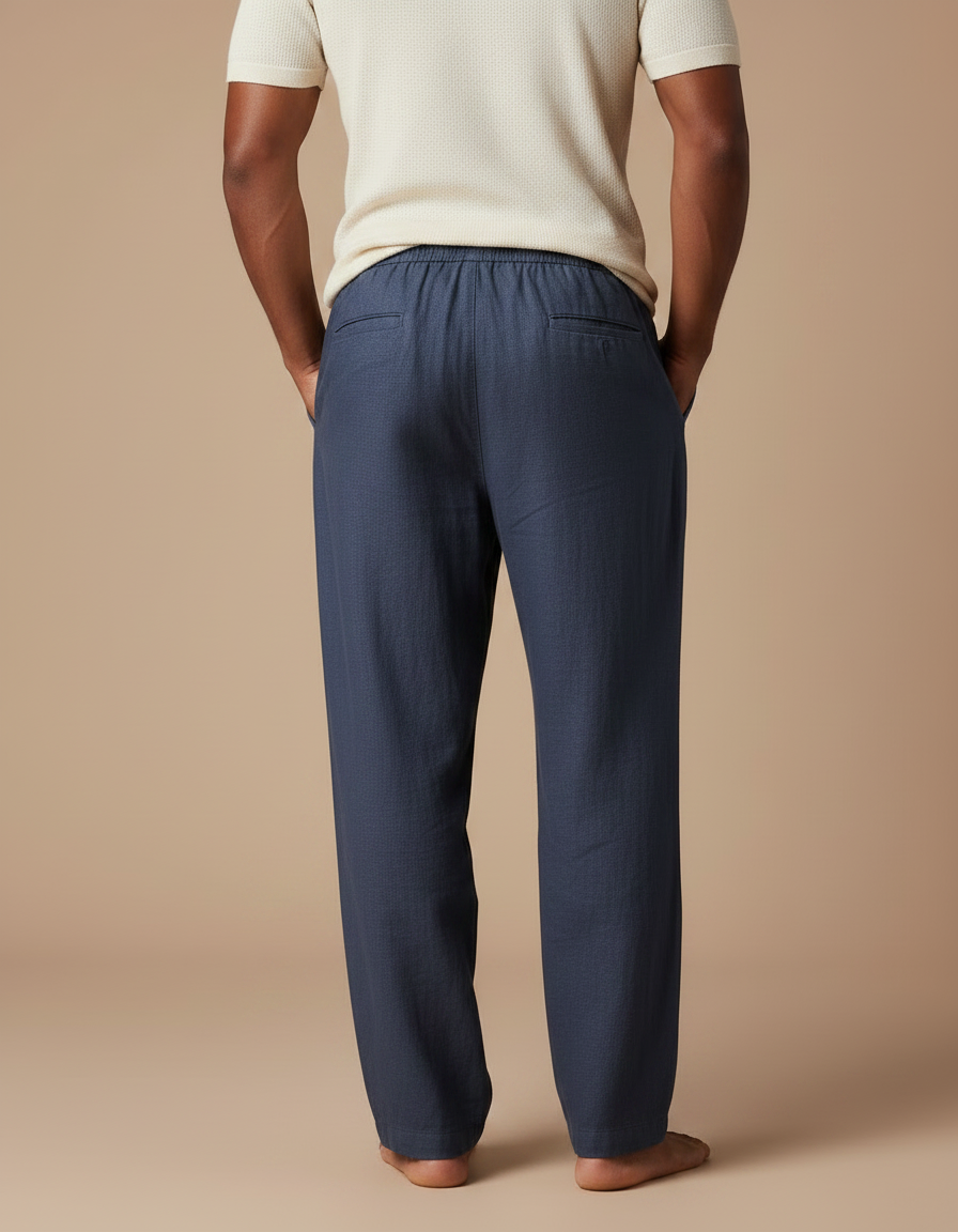 Pantalon Fluide Bleu Marine Coton Lin Ample Cordon - vue 2