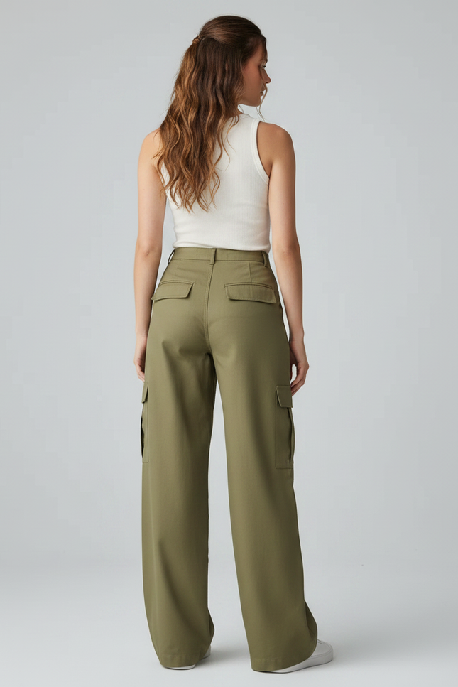 Pantalon Fluide Cargo Vert Ample Décontracté Femme - Kaki Gabardine - vue 2