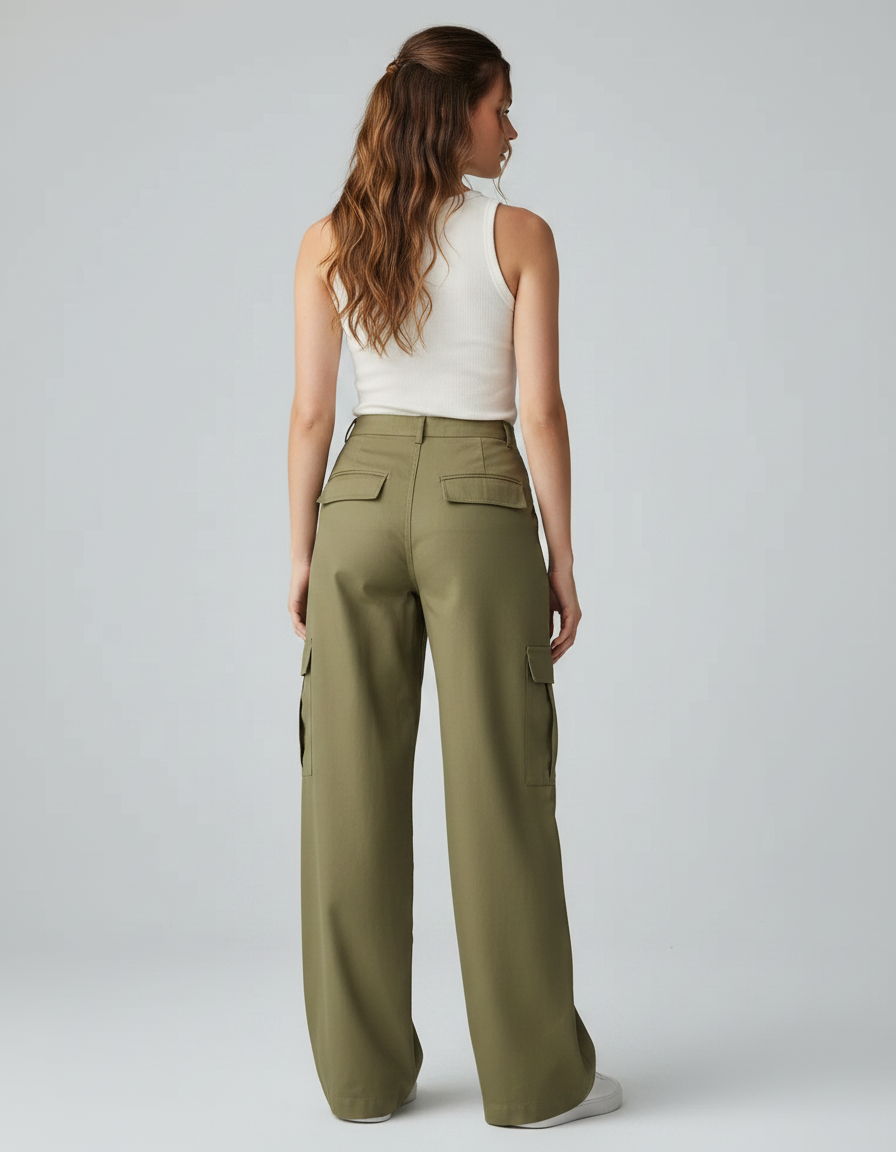 Pantalon Fluide Cargo Vert Ample Décontracté Femme - Kaki Gabardine - vue 2