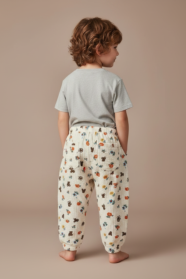 Pantalon Fluide Écru Imprimé Ours Fleuri Ample Coton - Beige - vue 2
