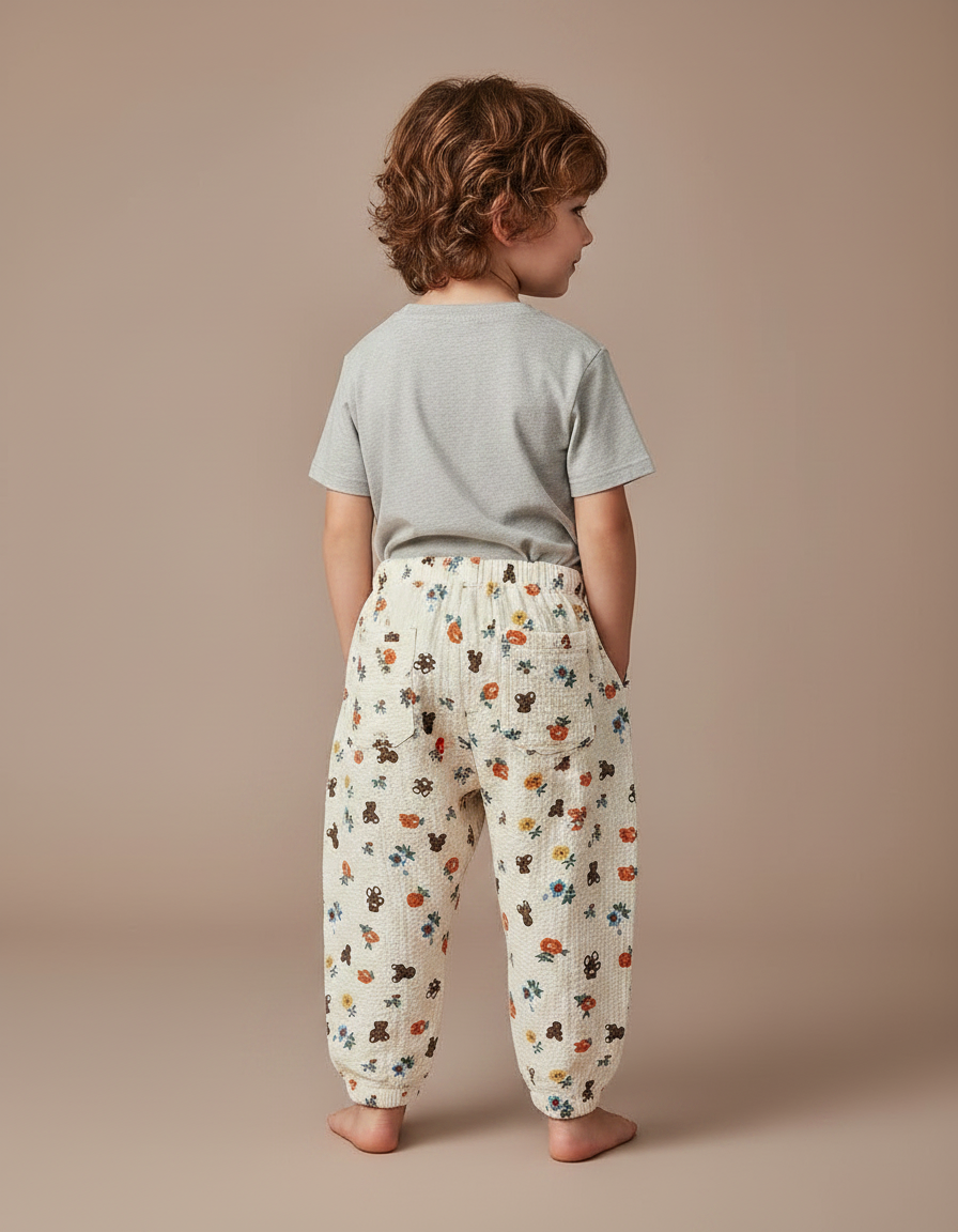 Pantalon Fluide Écru Imprimé Ours Fleuri Ample Coton - Beige - vue 2