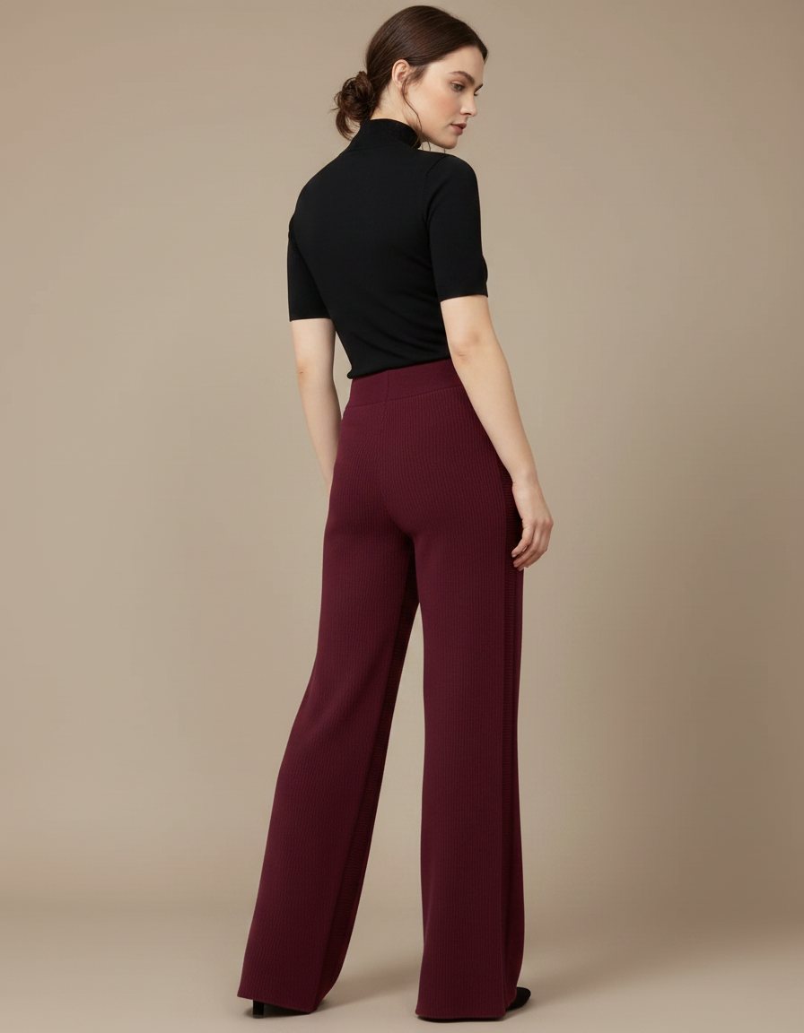 Pantalon Fluide Bordeaux Côtelé Ample Élégant Femme - Cordé - vue 2