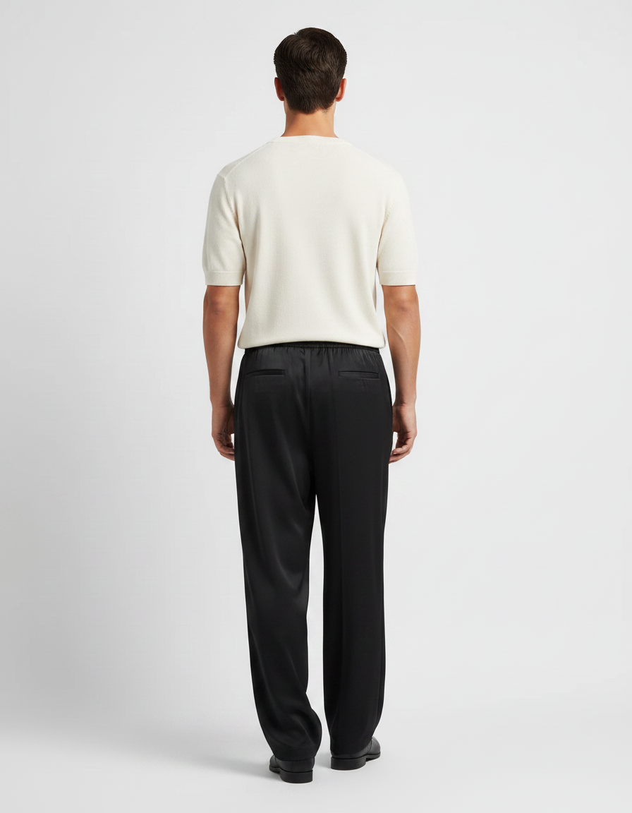 Pantalon Fluide Noir Ample Satin Cordon Homme - vue 2