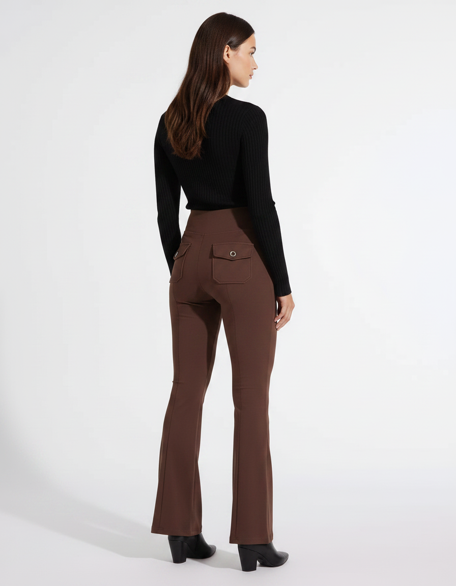 Pantalon Fluide Marron Évasé Poches Taille Haute - Maille - vue 2