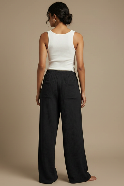 Pantalon Fluide Noir Ample Coton Taille Haute - vue 2