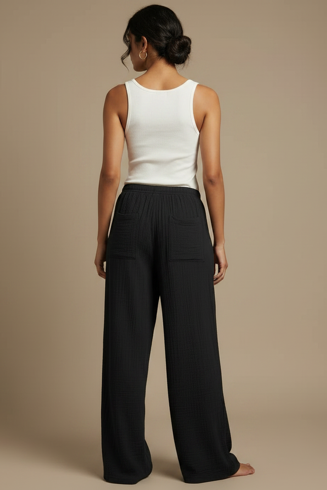 Pantalon Fluide Noir Ample Coton Taille Haute - vue 2